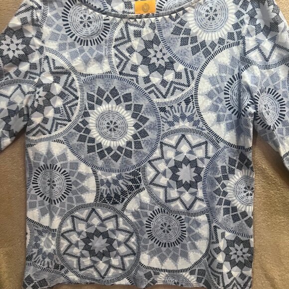 Ruby Rd Women Medium Blue Gray White Geometric Abstract‎ 3/4 Sleeve BOHO Blouse - Picture 2 of 6